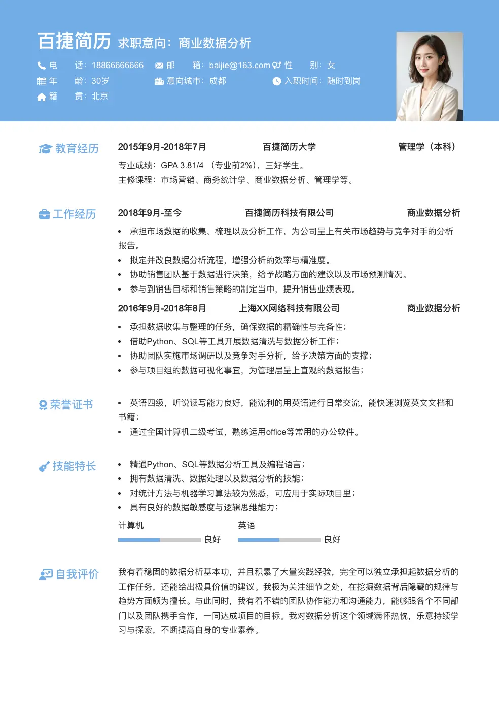 商业数据分析简历