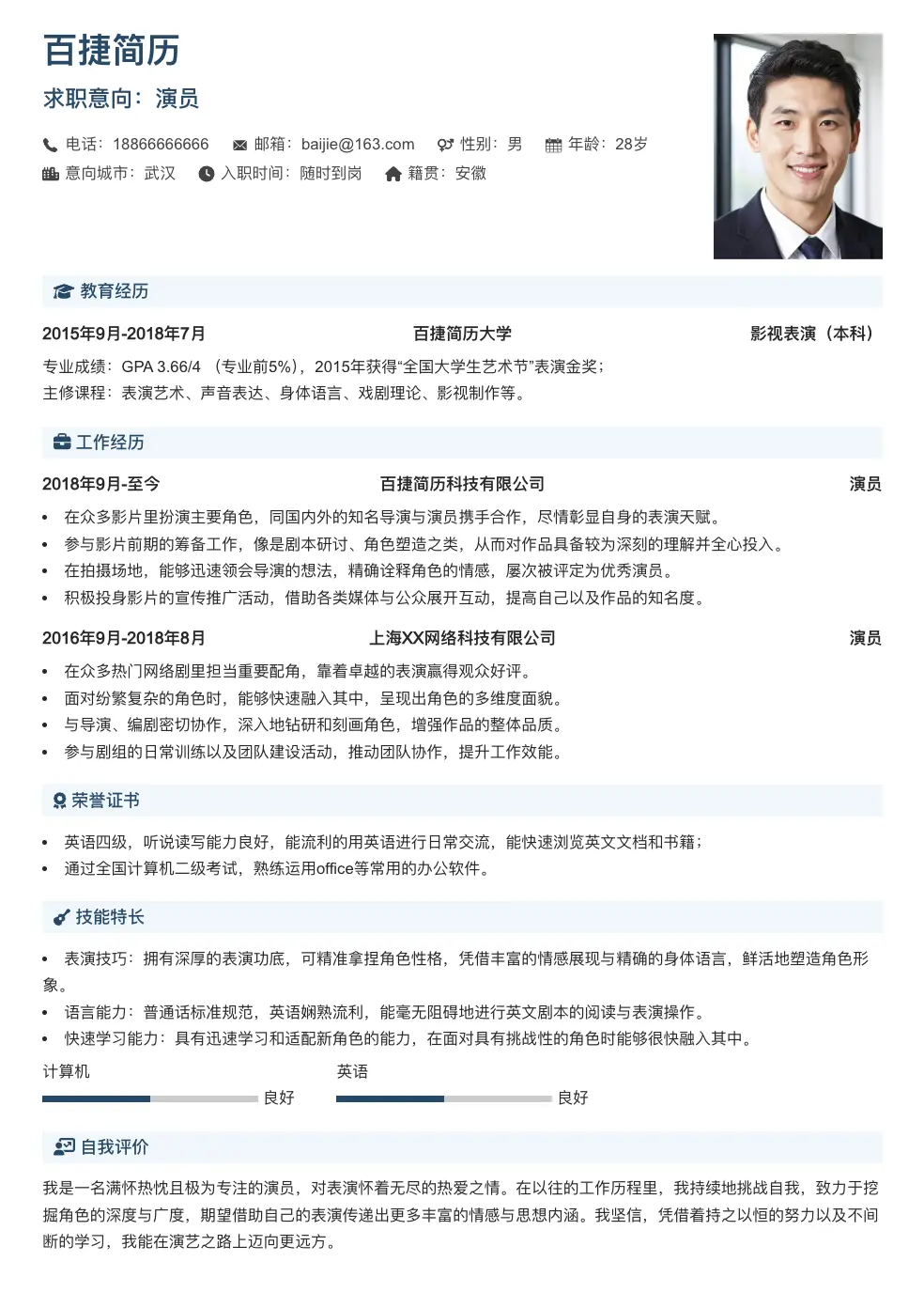 演员通用简历