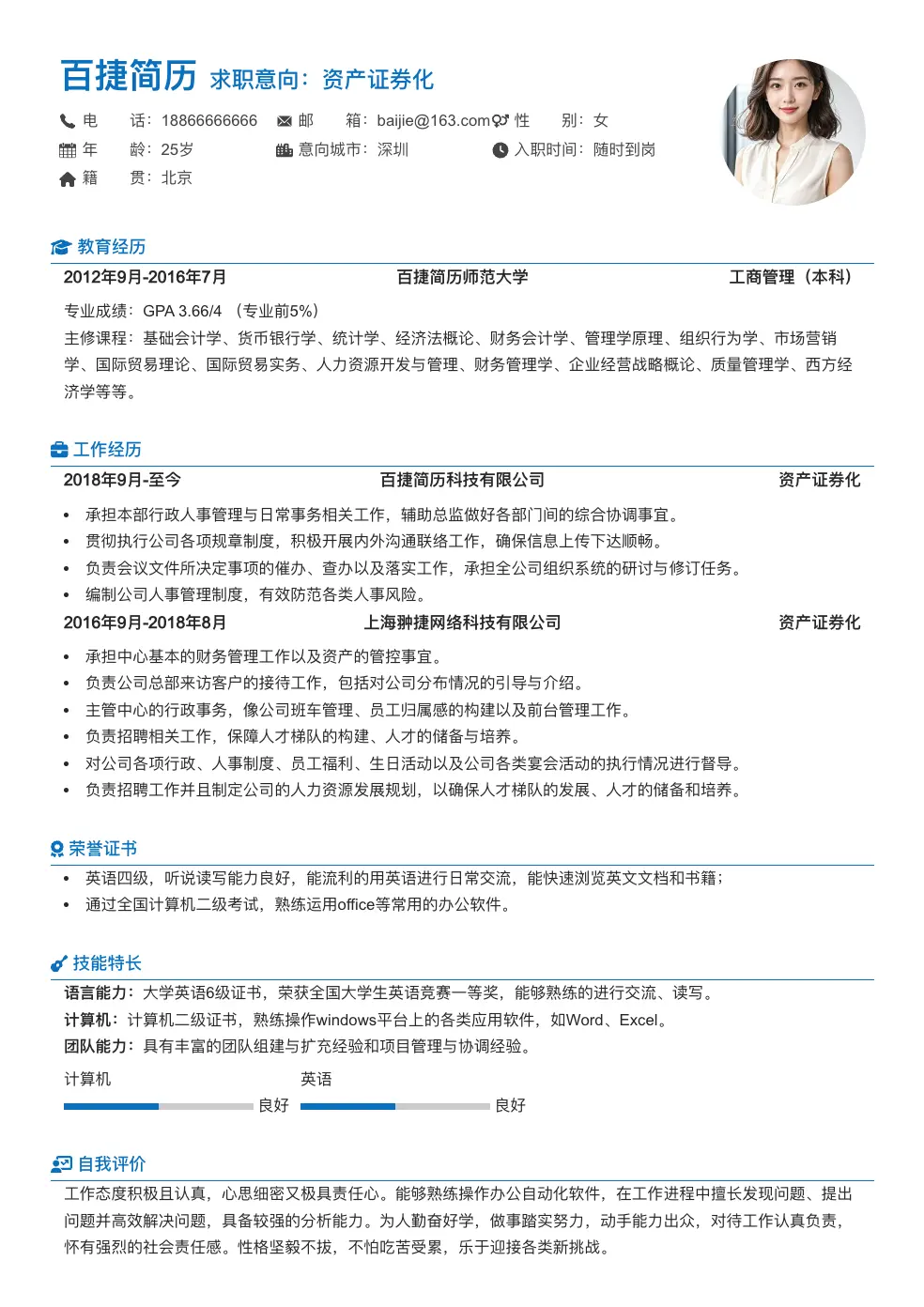 资产证券化简历模板