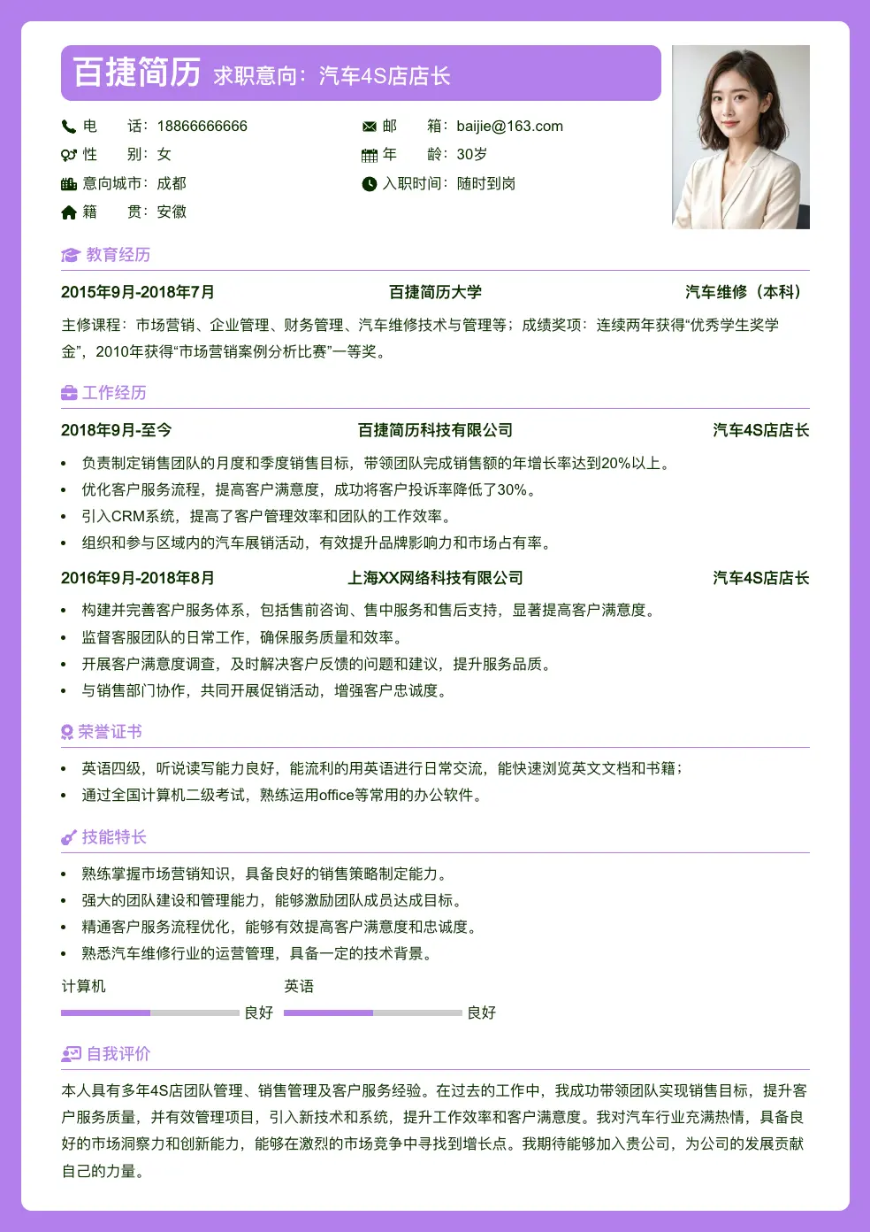 汽车4S店店长通用简历