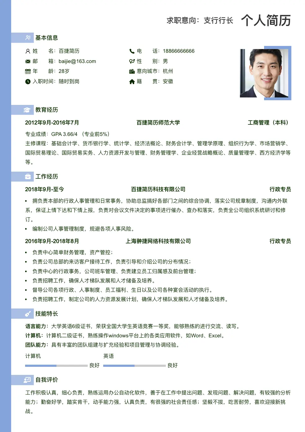 支行行长简历
